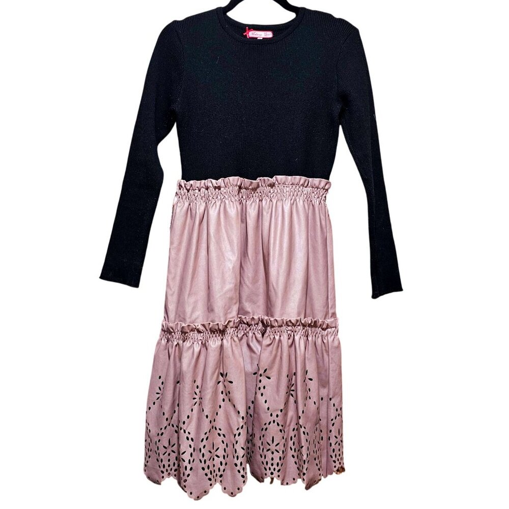 Melange Girl Long-Sleeve Black & Pink Dress With Eyelet Design Size 18 - Picture 2 of 10